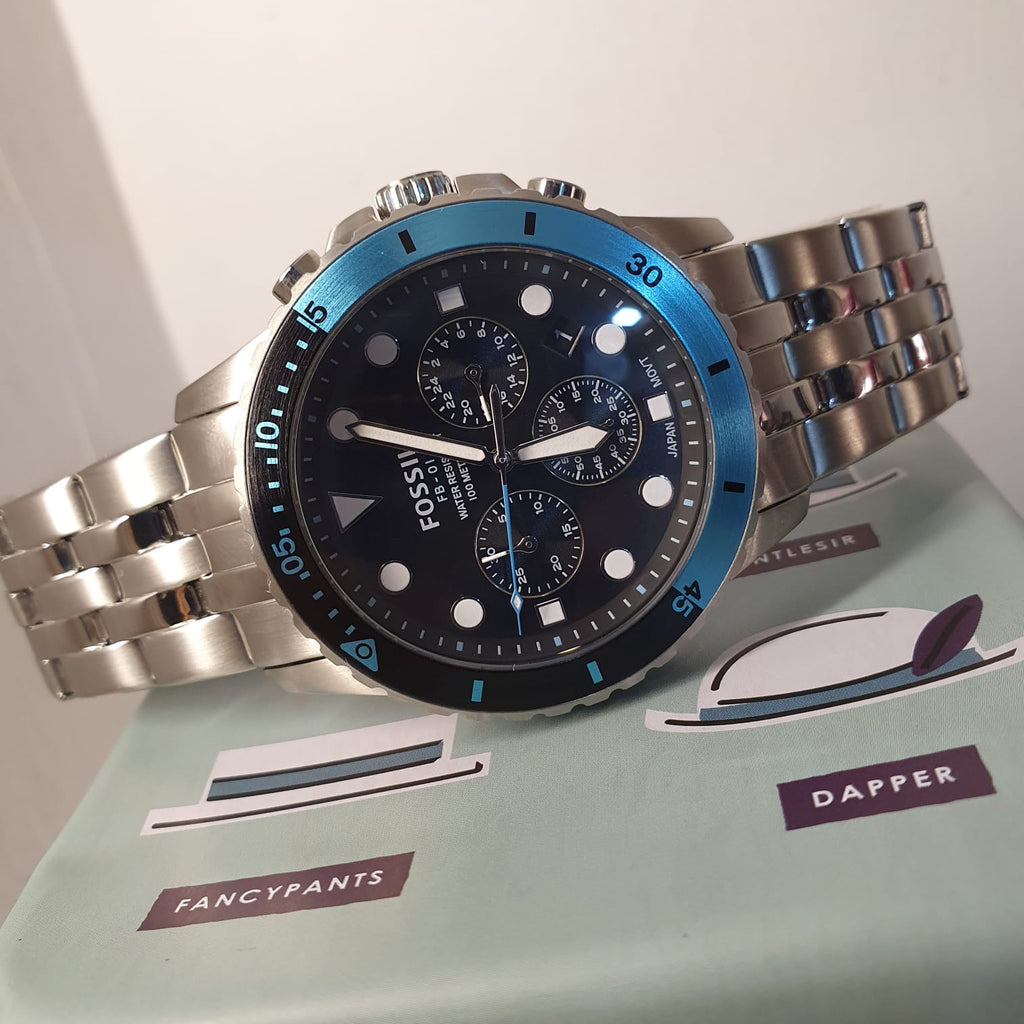 Fossil FB-01 Chronograph Black Dial Silver Steel Strap Watch for Men - FS5827