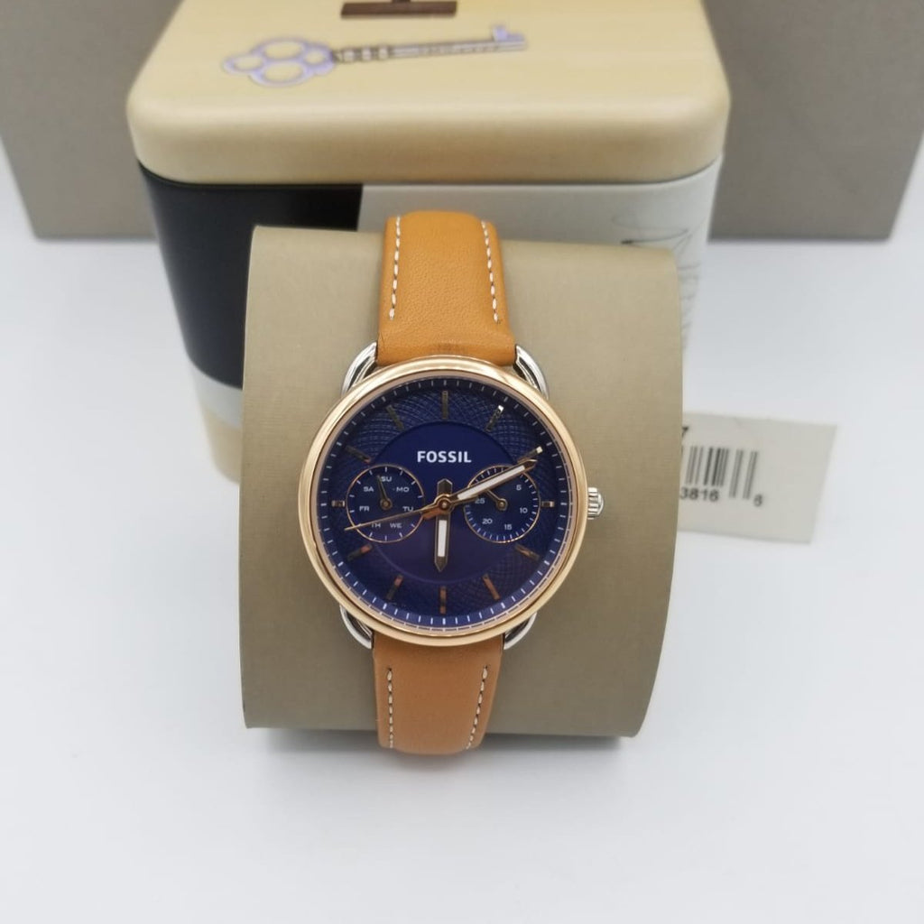 Fossil Tailor Date-Day Quartz Blue Dial Brown Leather Strap Watch for Women - ES4257 Buy Now By Fossil