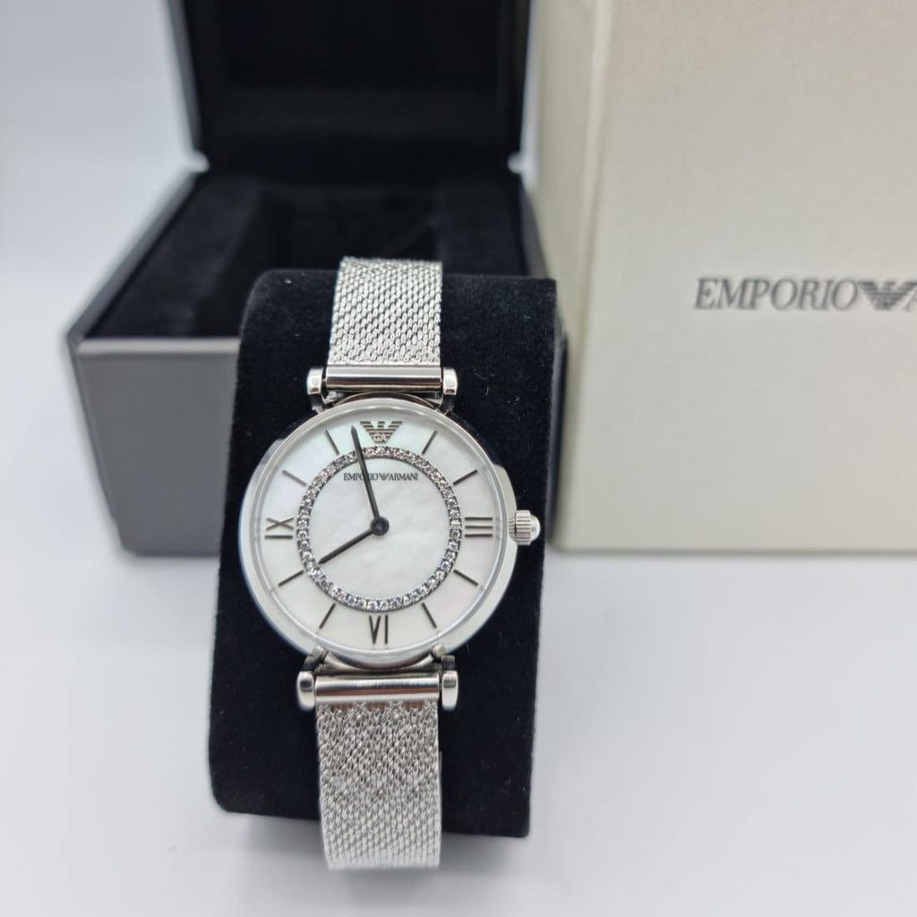 Emporio Armani Gianni T-Bar Quartz Mother of Pearl Dial Silver Mesh Bracelet Watch For Women - AR11319 Buy Now By Emporio Armani