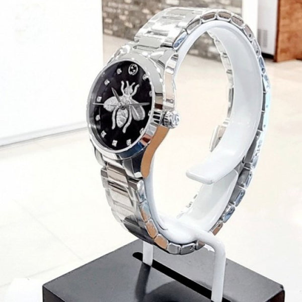 Gucci G Timeless Quartz Diamonds Black Dial Silver Steel Strap Watch For Women - YA1265024 Buy Now By Gucci