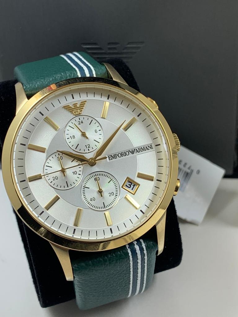 Emporio Armani Renato Chronograph Silver Dial Green Leather Strap Watch For Men - AR11233 Buy Now By Emporio Armani