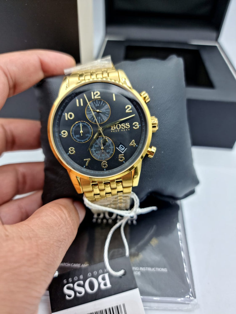 Hugo Boss Navigator Black Dial Gold Steel Strap Watch for Men - 1513531 Buy Now By Hugo Boss