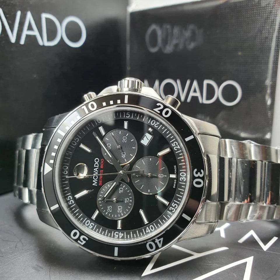 Movado Series 800 Chronograph Black Dial Silver Steel Strap Watch For Men - 2600142 Buy Now By Movado