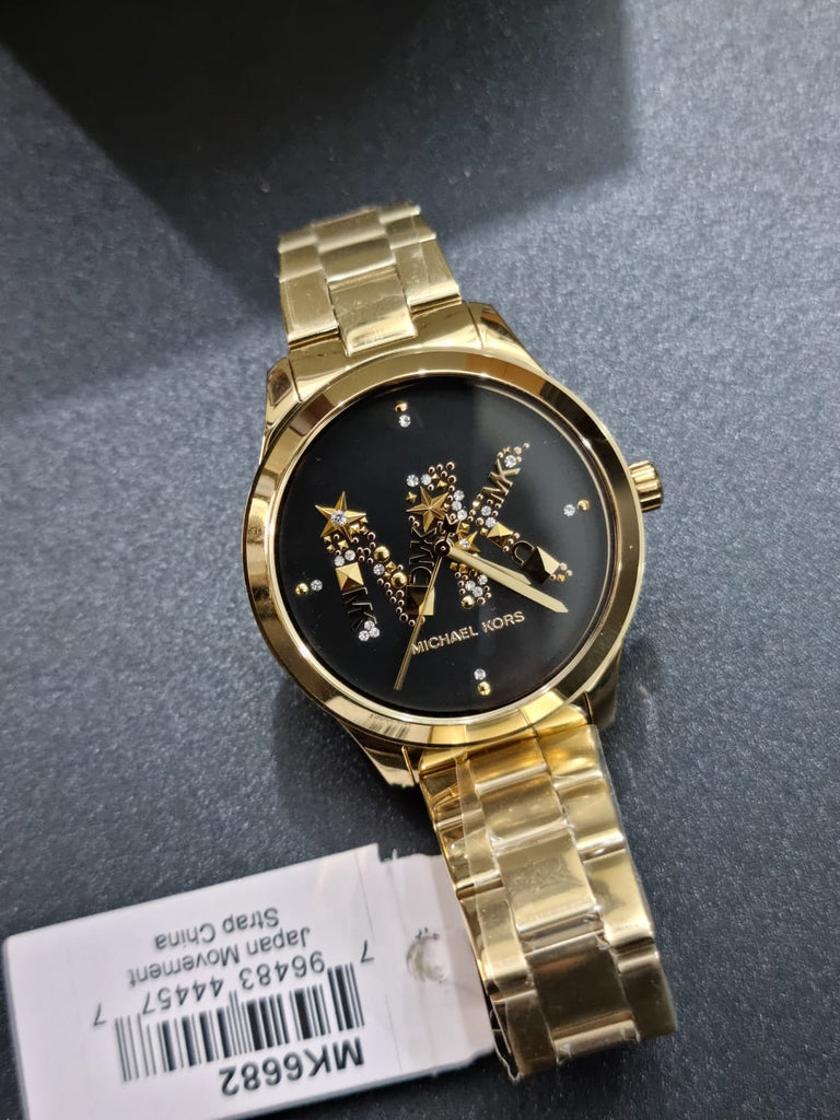 Michael Kors Runway Quartz Black Dial Gold Steel Strap Watch For Women - MK6682