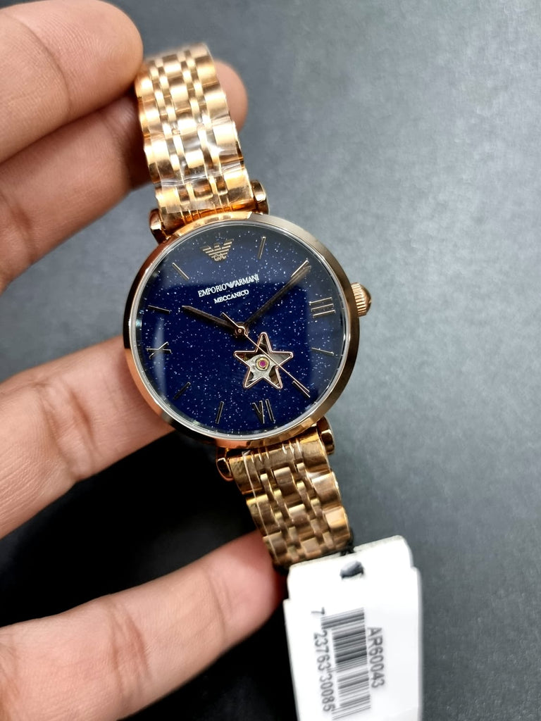 Emporio Armani Meccanico Crystals Black Dial Rose Gold Steel Strap Watch For Women - AR60043 Buy Now By Emporio Armani