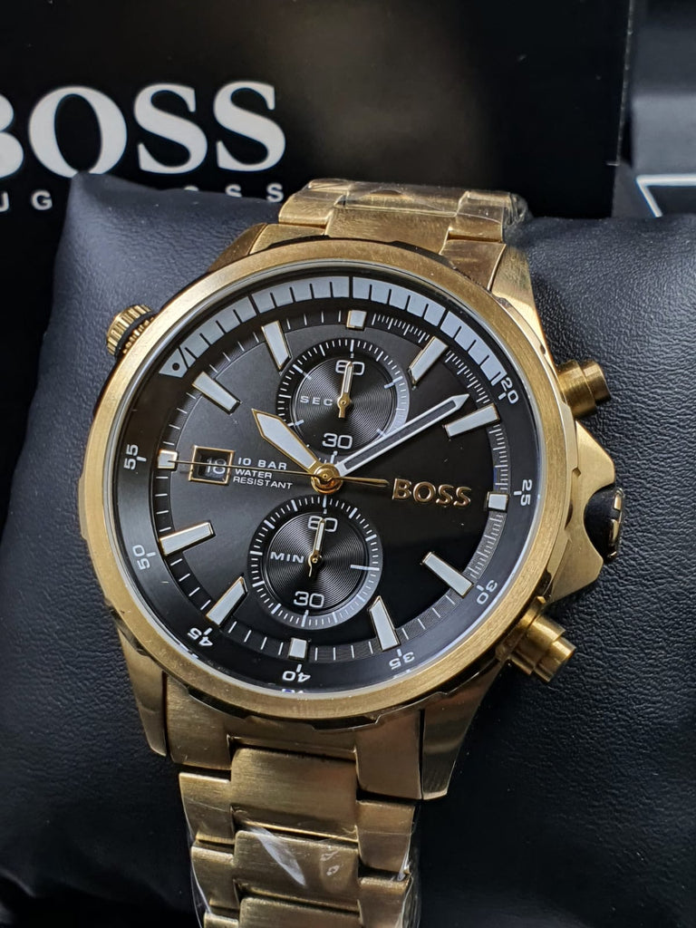 Hugo Boss Globetrotter Chronograph Black Dial Gold Steel Strap Watch for Men - 1513932 Buy Now By Hugo Boss