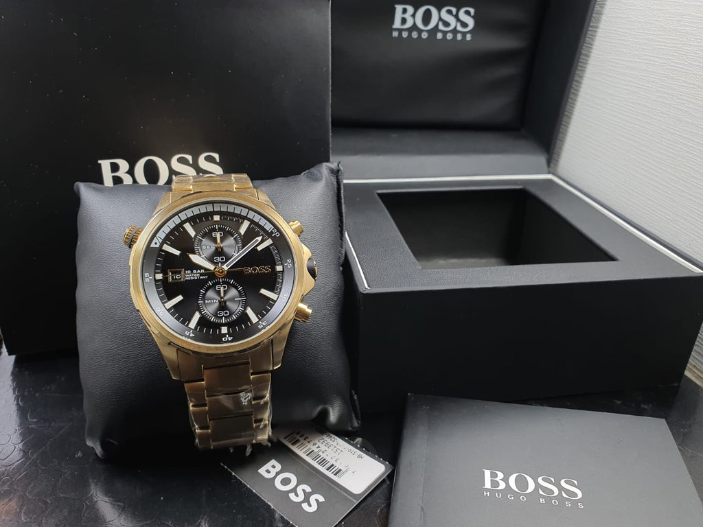 Hugo Boss Globetrotter Chronograph Black Dial Gold Steel Strap Watch for Men - 1513932 Buy Now By Hugo Boss