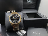 Hugo Boss Globetrotter Chronograph Black Dial Gold Steel Strap Watch for Men - 1513932 Buy Now By Hugo Boss