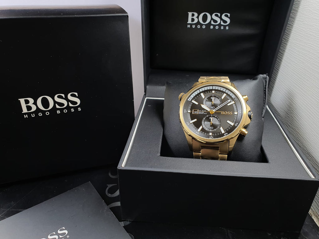 Hugo Boss Globetrotter Chronograph Black Dial Gold Steel Strap Watch for Men - 1513932 Buy Now By Hugo Boss