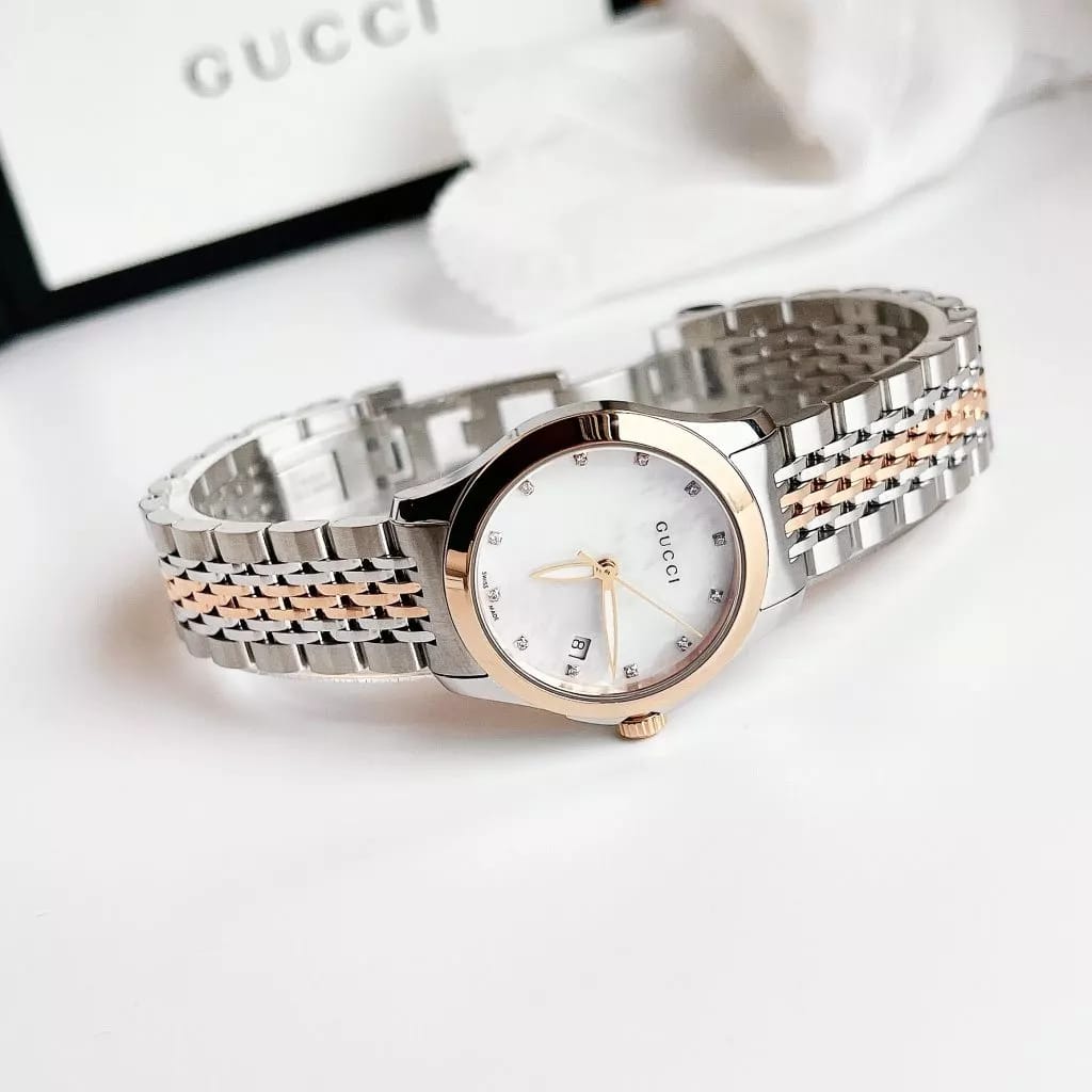 Gucci G Timeless Diamonds Mother of Pearl Dial Two Tone Mesh Bracelet Watch For Women - YA126514 Buy Now By Gucci