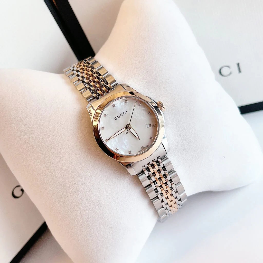 Gucci G Timeless Diamonds Mother of Pearl Dial Two Tone Mesh Bracelet Watch For Women - YA126514 Buy Now By Gucci