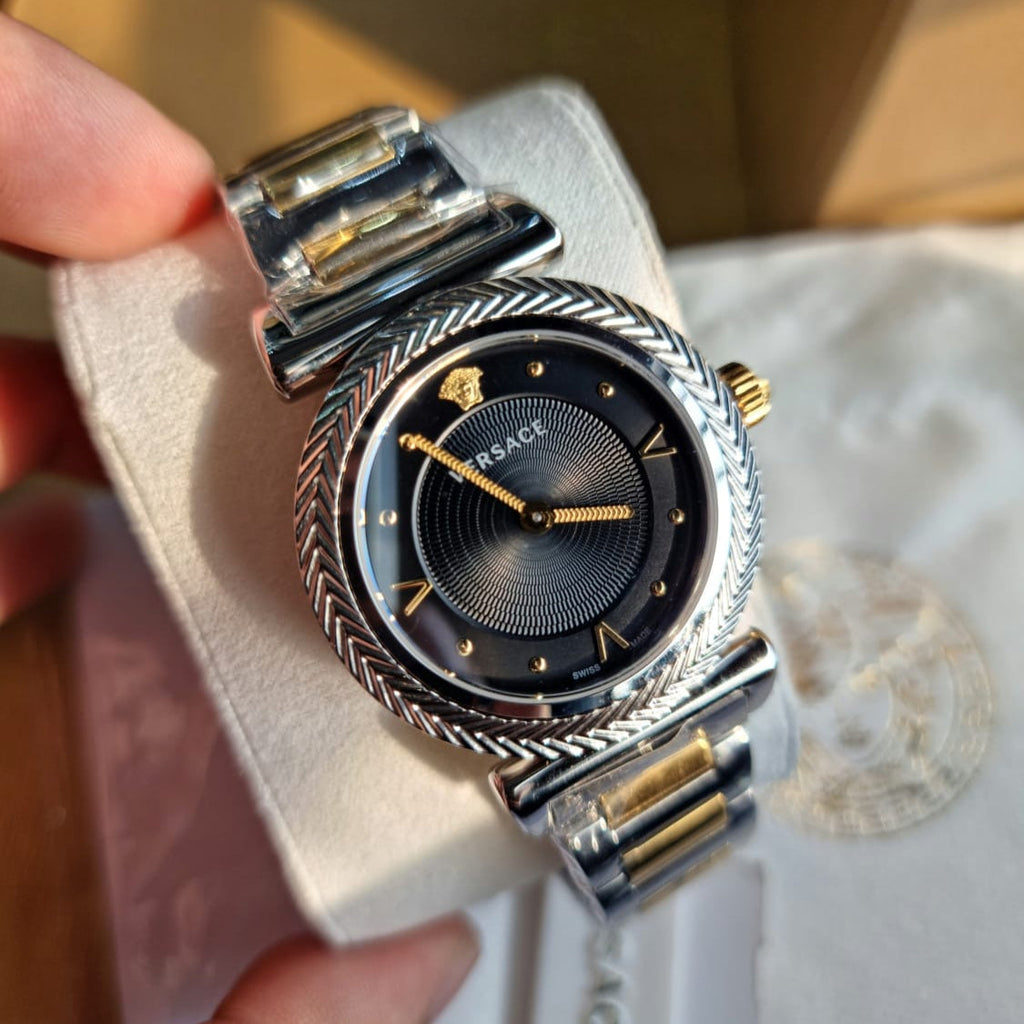 Versace V-Motif Black Dial Two Tone Steel Strap Watch for Women - VERE00518 Buy Now By Versace