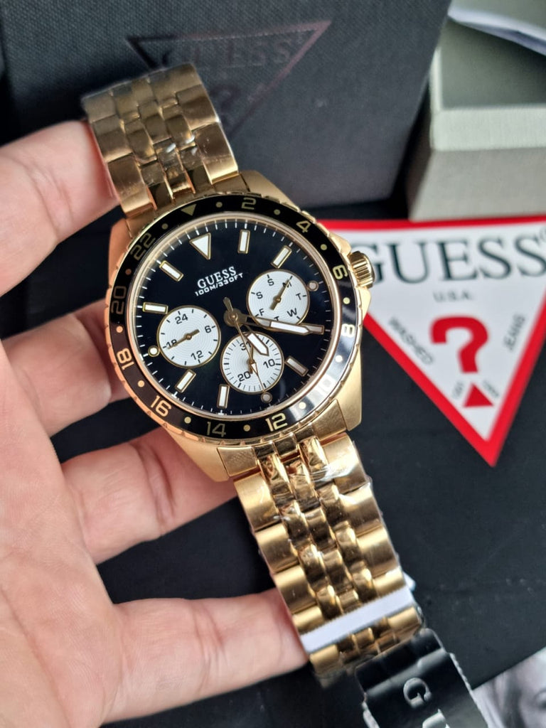 Guess Odyssey Multifunction Black Dial Gold Steel Strap Watch For Men - W1107G4 Buy Now By Guess