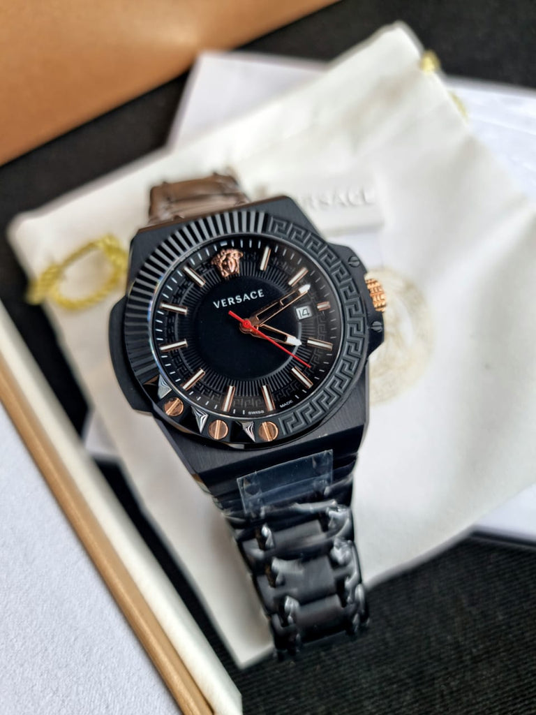 Versace Chain Reaction Quartz Black Dial Black Steel Strap Watch for Men - VEDY00719 Buy Now By Versace