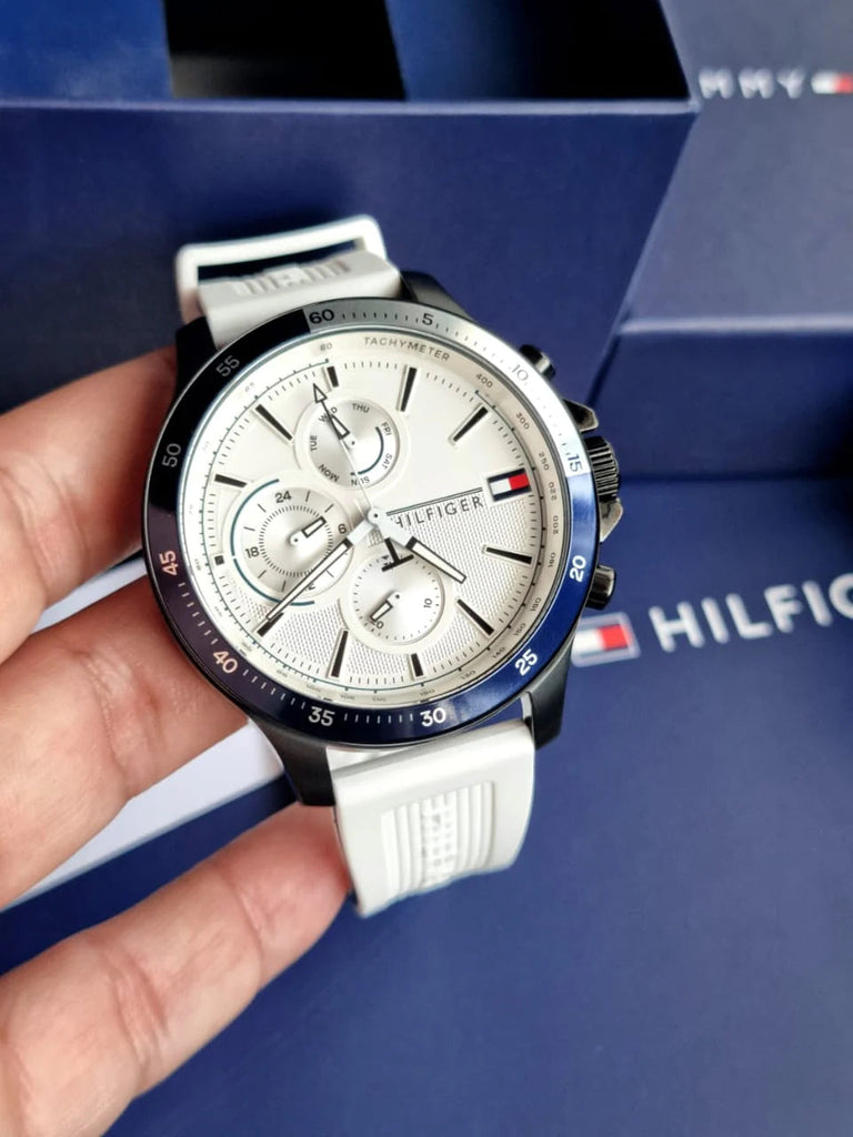 Tommy Hilfiger Bank Chronograph White Dial White Rubber Strap Watch for Men - 1791723 Buy Now By Tommy Hilfiger