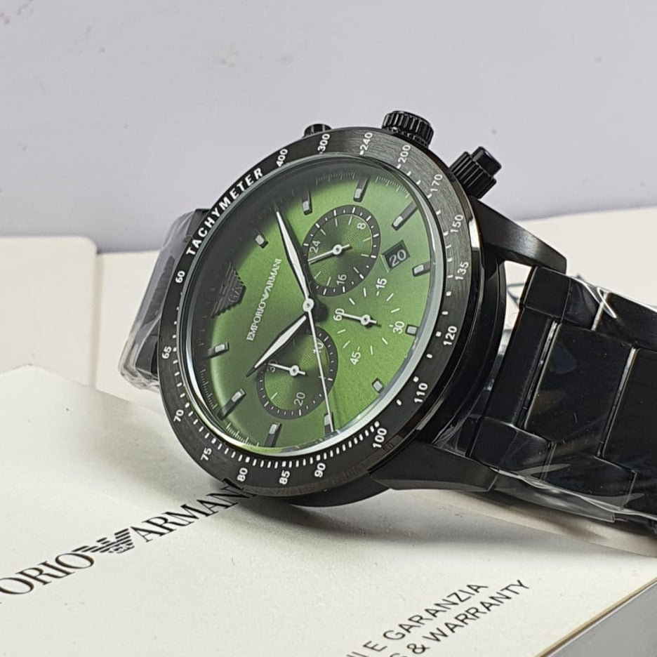 Emporio Armani Mario Chronograph Green Dial Black Steel Strap Watch For Men - AR11472 Buy Now By Emporio Armani