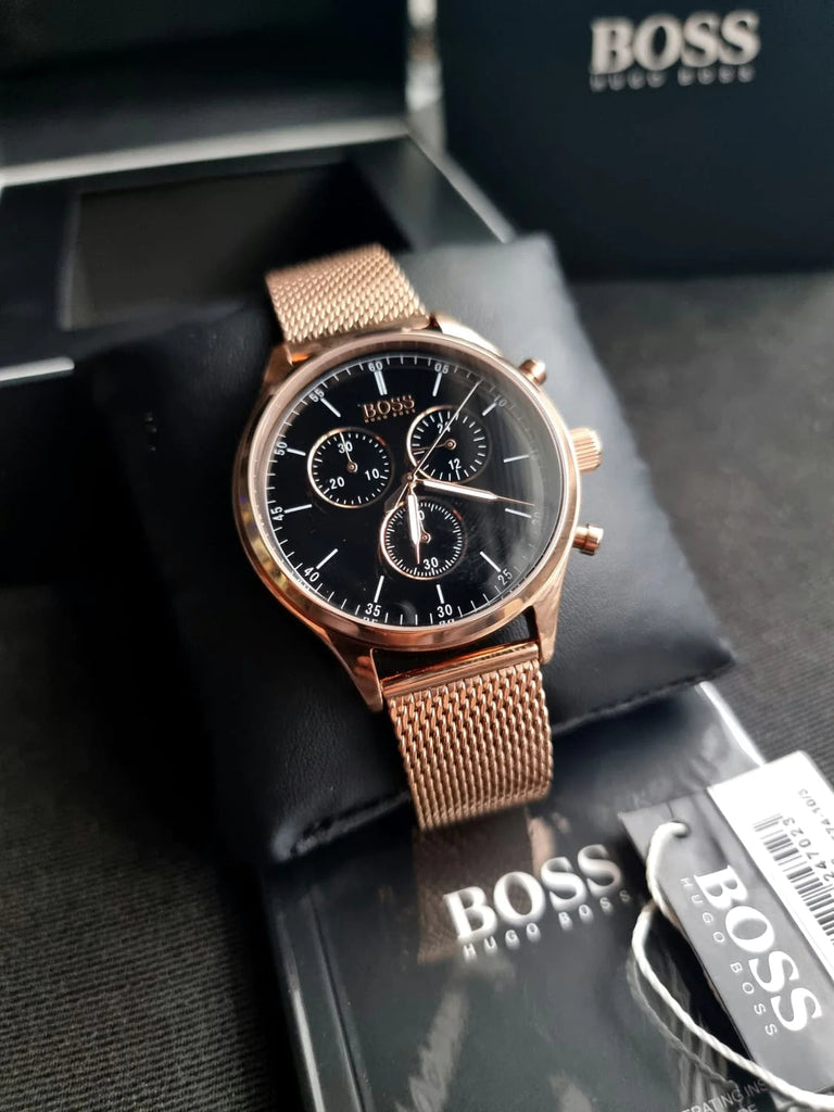 Hugo Boss Companion Quartz Black Dial Rose Gold Mesh Bracelet Watch For Men - HB1513548 Buy Now By Hugo Boss