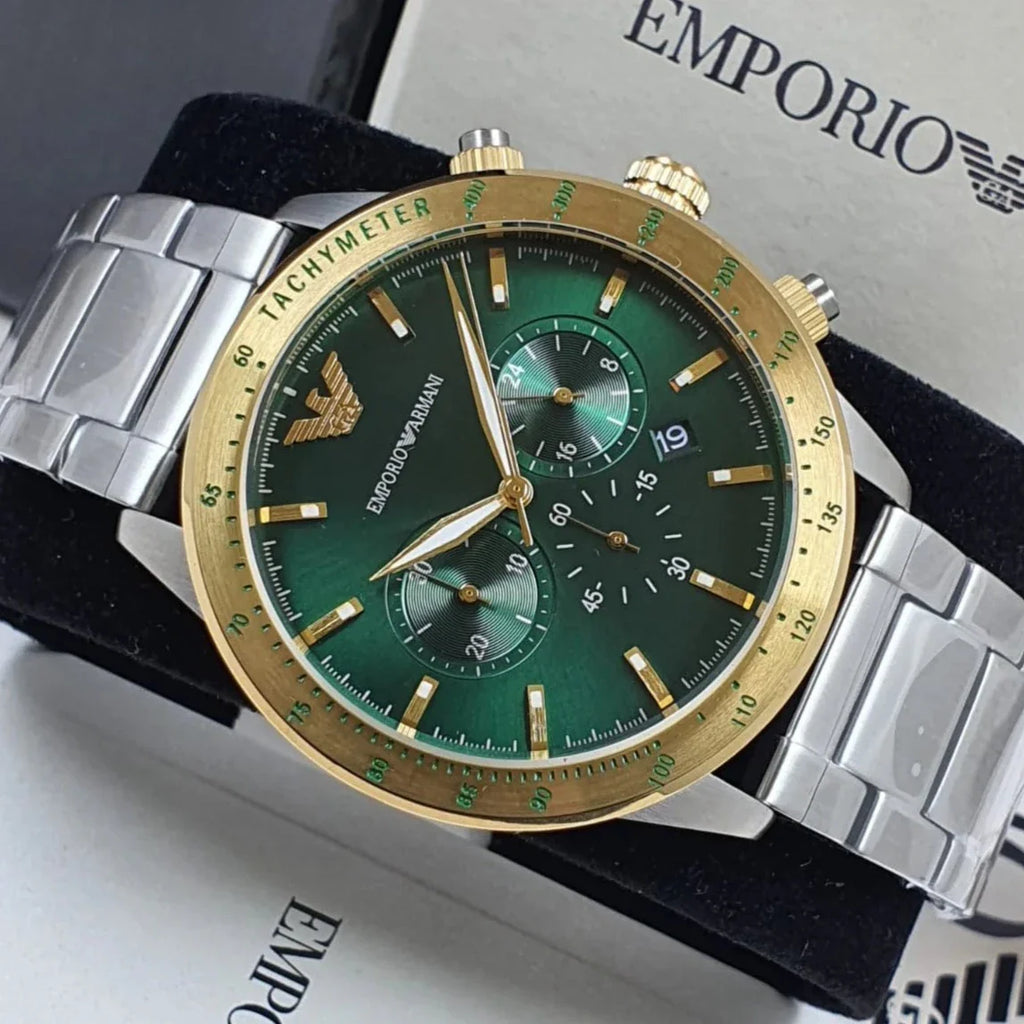 Emporio Armani Mario Chronograph Green Dial Silver Steel Strap Watch For Men - AR11454 Buy Now By Emporio Armani