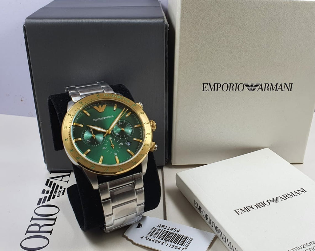 Emporio Armani Mario Chronograph Green Dial Silver Steel Strap Watch For Men - AR11454 Buy Now By Emporio Armani