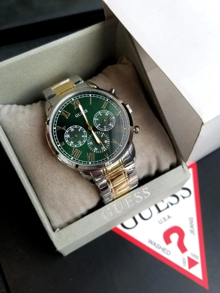 Guess Hendrix Green Dial Two Tone Steel Strap Watch For Men - GW0066G2 Buy Now By Guess