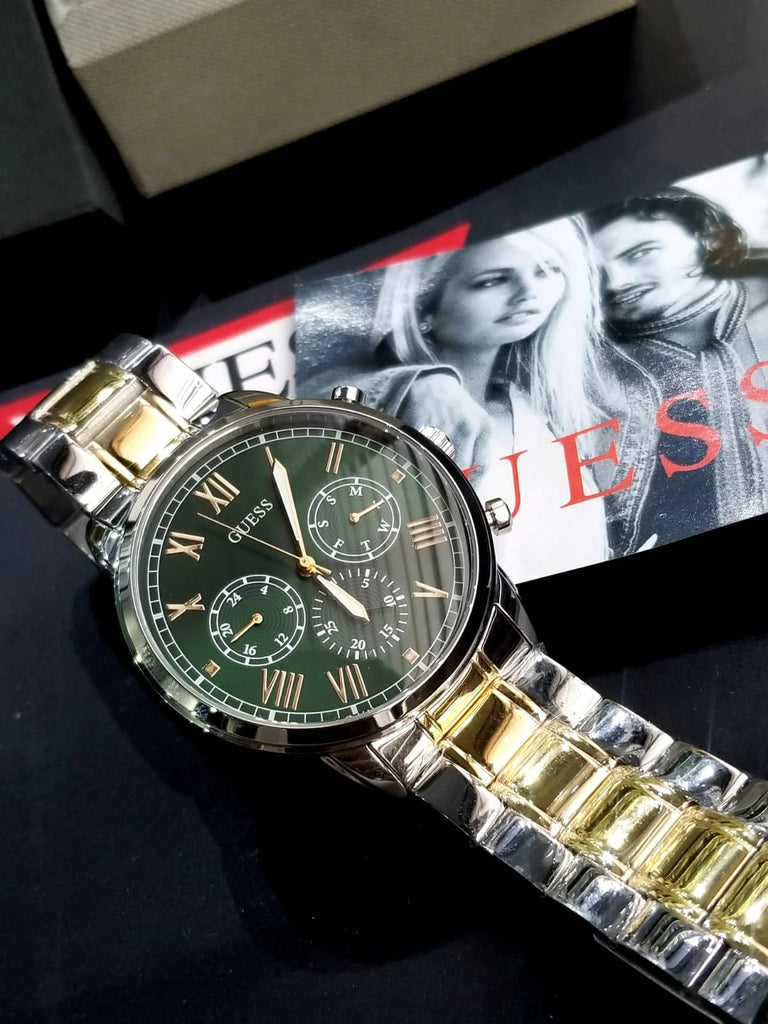 Guess Hendrix Green Dial Two Tone Steel Strap Watch For Men - GW0066G2 Buy Now By Guess