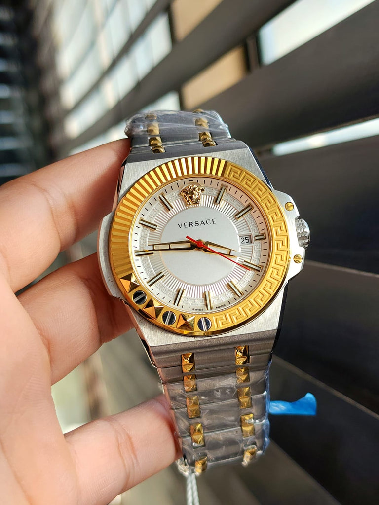 Versace Chain Reaction Quartz White Dial Two Tone Steel Strap Watch for Men - VEDY00519 Buy Now By Versace