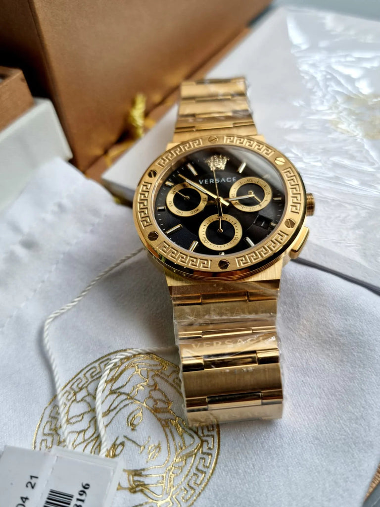 Versace Greca Chronograph Black Dial Gold Steel Strap Watch For Men - VEZ900421 Buy Now By Versace