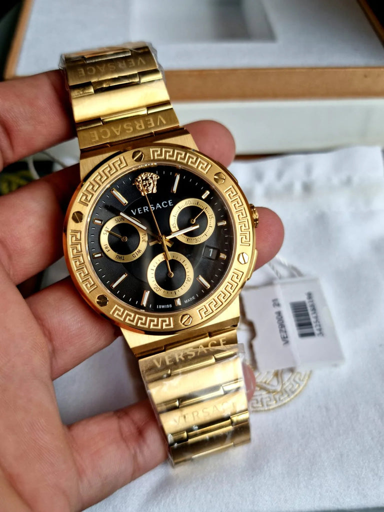 Versace Greca Chronograph Black Dial Gold Steel Strap Watch For Men - VEZ900421 Buy Now By Versace