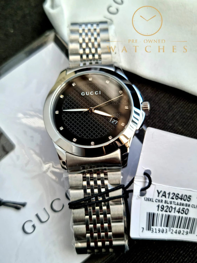 Gucci G Timeless Diamonds Black Dial Silver Steel Strap Watch For Men - YA126405 Buy Now By Gucci