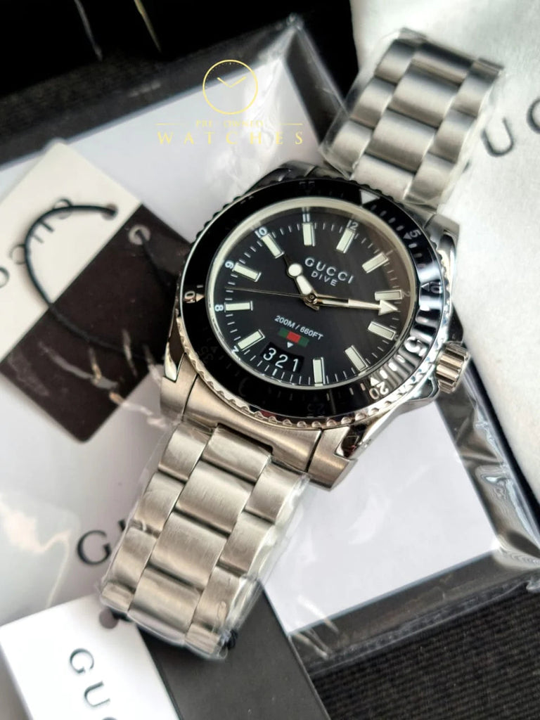 Gucci Dive Quartz Black Dial Silver Steel Strap Watch For Men - YA136301A Buy Now By Gucci