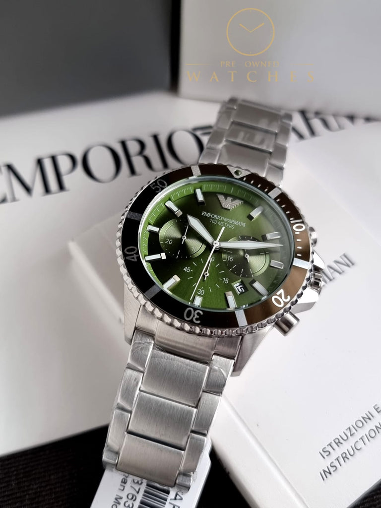 Emporio Armani Three Hand Green Dial Silver Steel Strap Watch For Men - AR11338 Buy Now By Emporio Armani