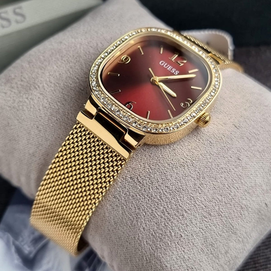Guess Quartz Red Dial Gold Mesh Strap Watch For Women - GW0354L4 Buy Now By Guess
