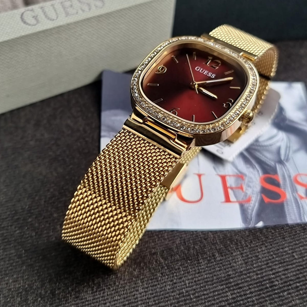 Guess Quartz Red Dial Gold Mesh Strap Watch For Women - GW0354L4 Buy Now By Guess
