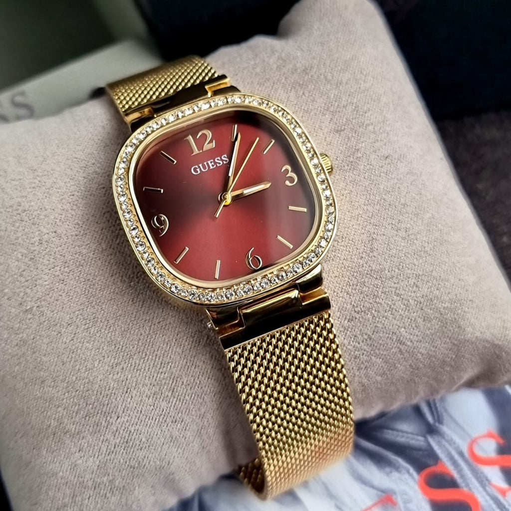 Guess Quartz Red Dial Gold Mesh Strap Watch For Women - GW0354L4 Buy Now By Guess