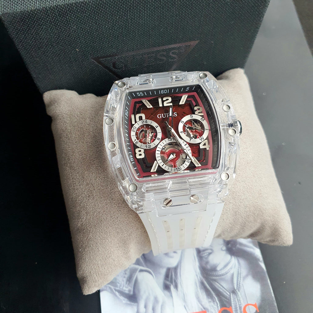 Guess Phoenix Quartz Burgundy Dial Transparent Silicone Strap Watch For Men - GW0499G9 Buy Now By Guess