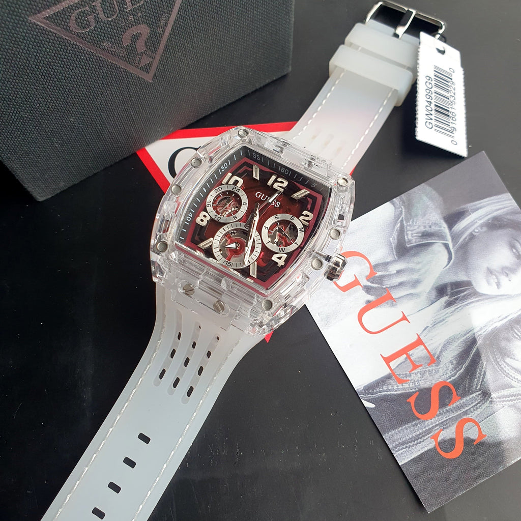 Guess Phoenix Quartz Burgundy Dial Transparent Silicone Strap Watch For Men - GW0499G9 Buy Now By Guess