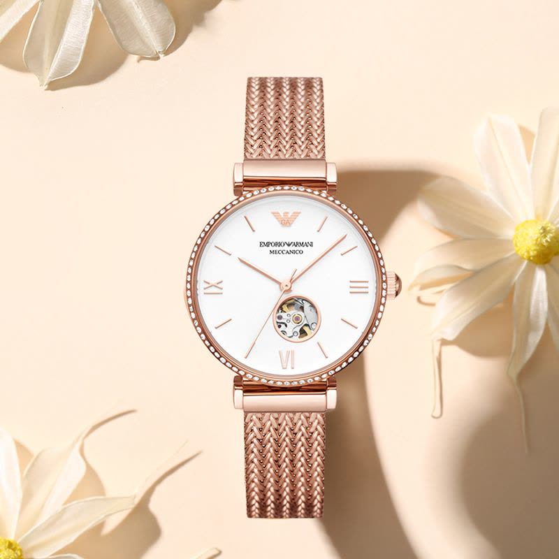Emporio Armani Meccanico Automatic White Dial Rose Gold Mesh Strap Watch For Women - AR60063 Buy Now By Emporio Armani