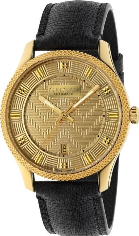 Gucci Eryx Automatic Chevron Gold Dial Black Leather Strap Watch For Men - YA126340 Buy Now By Gucci