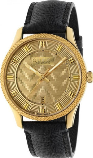 Gucci Eryx Automatic Chevron Gold Dial Black Leather Strap Watch For Men - YA126340 Buy Now By Gucci