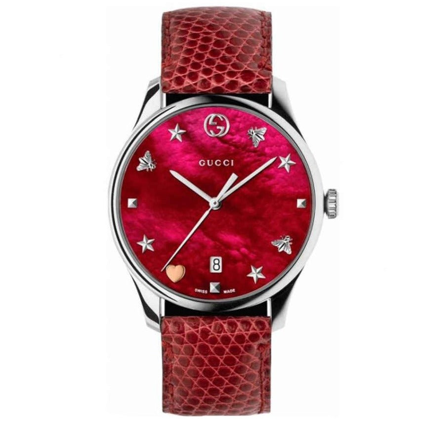Gucci G-Timeless Mother of Pearl Red Dial Red Leather Strap Watch For Women - YA1264041 Buy Now By Gucci