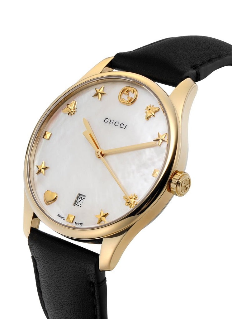 Gucci G-Timeless Mother of Pearl Dial Black Leather Strap Watch For Women - YA1264044 Buy Now By Gucci