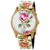 Gucci G Timeless Floral Gold Dial White Leather Strap Watch For Women - YA1264084 Buy Now By Gucci
