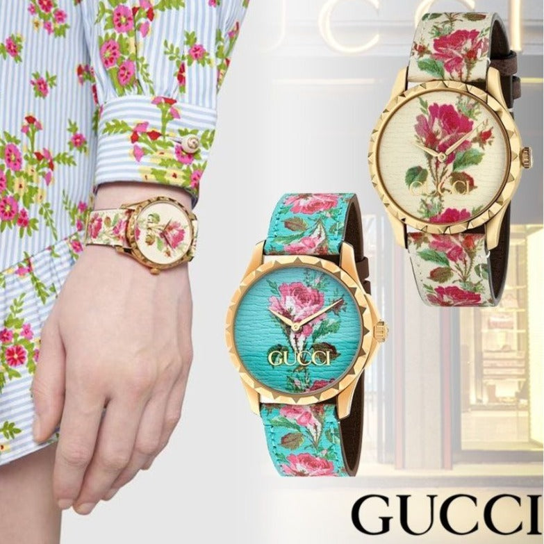 Gucci G Timeless Floral Gold Dial White Leather Strap Watch For Women - YA1264084 Buy Now By Gucci