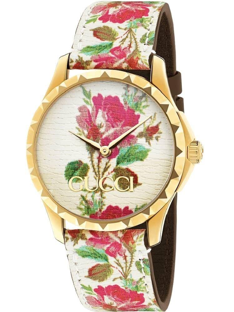 Gucci G Timeless Floral Gold Dial White Leather Strap Watch For Women - YA1264084 Buy Now By Gucci