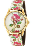 Gucci G Timeless Floral Gold Dial White Leather Strap Watch For Women - YA1264084 Buy Now By Gucci