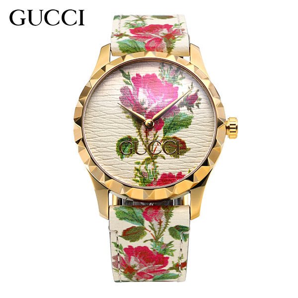 Gucci G Timeless Floral Gold Dial White Leather Strap Watch For Women - YA1264084 Buy Now By Gucci