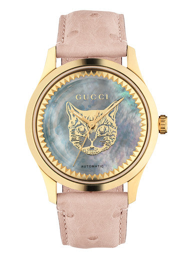 Gucci G Timeless Skeleton 16K Gold Mother of Pearl Dial Pink Leather Strap Watch For Women - YA1264110 Buy Now By Gucci