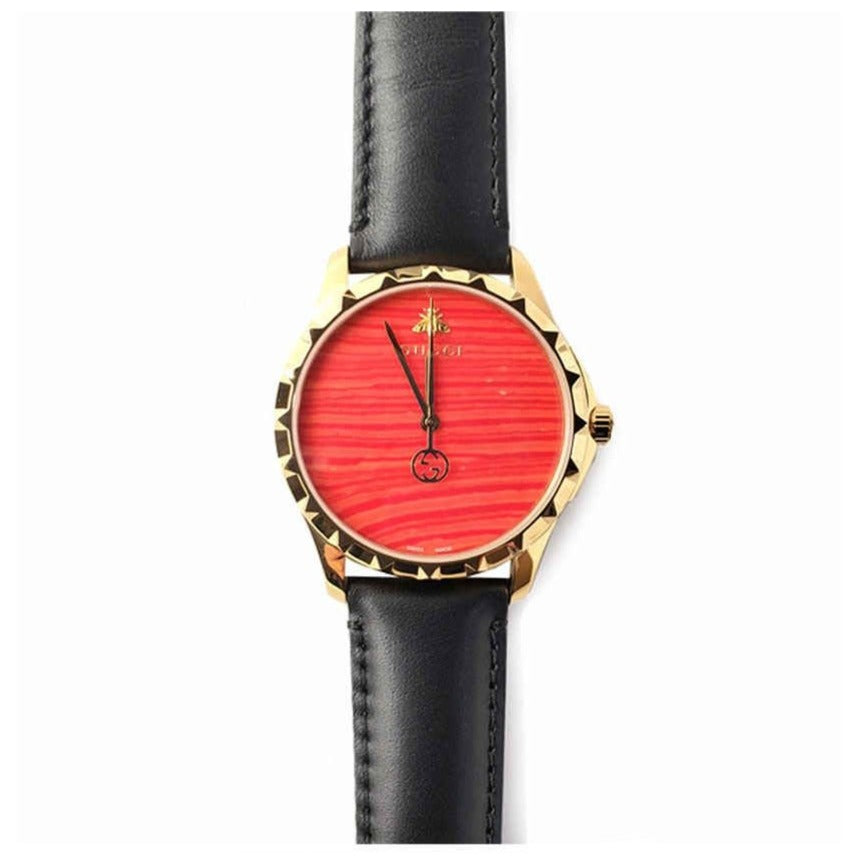 Gucci G Timeless Coral Red Dial Black Leather Strap Watch For Men - YA126464 Buy Now By Gucci