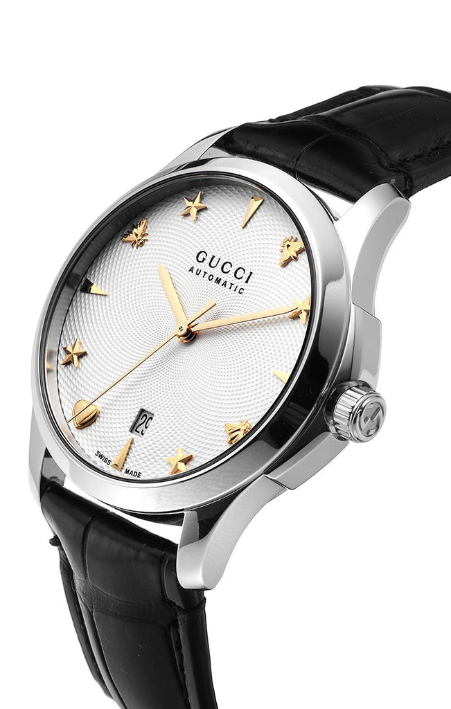 Gucci G Timeless Automatic Silver Dial Black Leather Strap Unisex Watch - YA126468 Buy Now By Gucci