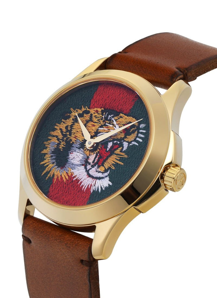 Gucci Le Marche Des Merveilles Red & Green Dial Brown Leather Strap Unisex Watch - YA126497 Buy Now By Gucci